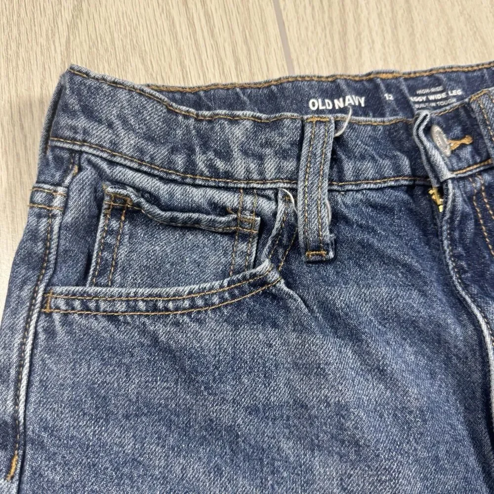 Old Navy High Rise Baggy Wide Leg Jeans Girls 12 (fits 26x24.5) Distressed Torn